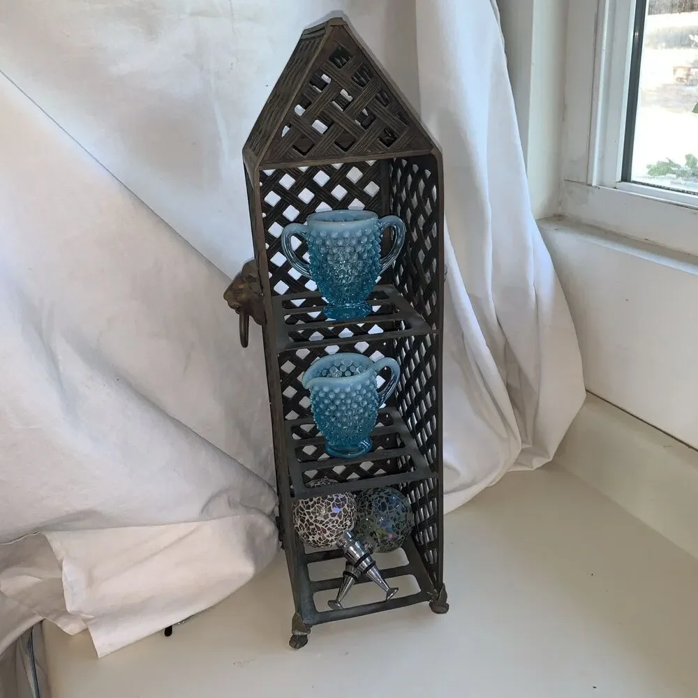 Vintage SF Bay Trading Co Brass lion’s Head Basketweave Tri-level Display Shelf